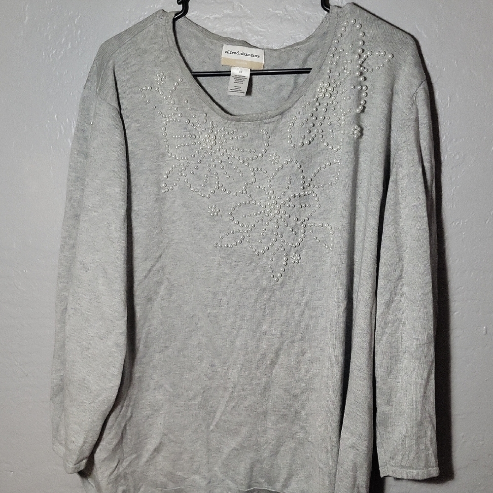 Alfred Dunner Gray Pearl-Embellished Crewneck Sweatshirt